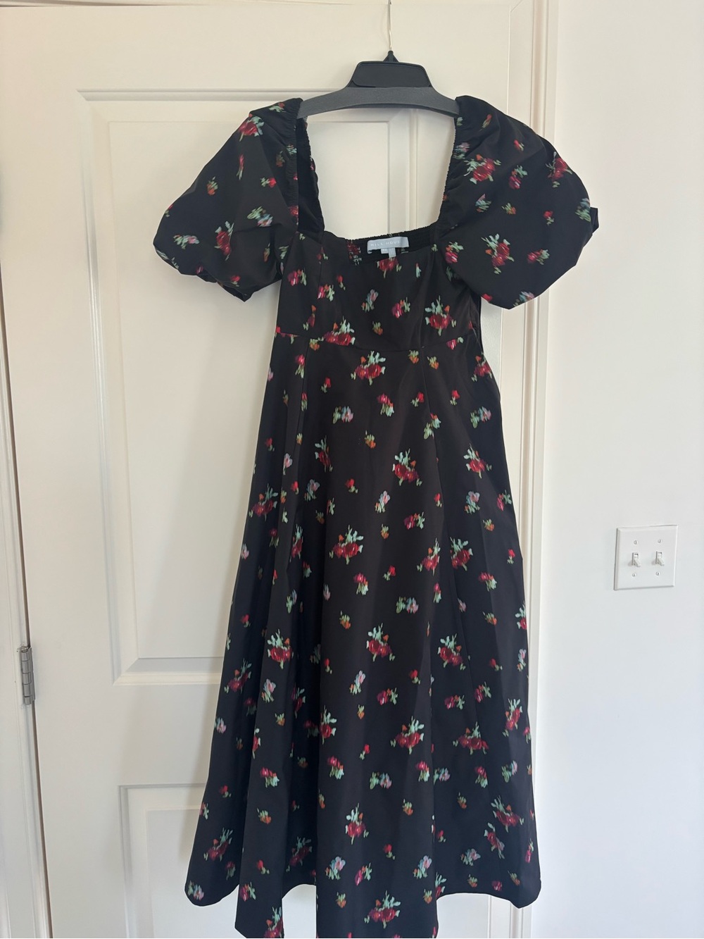 Hill House Black Midi Dress with Red Floral Print